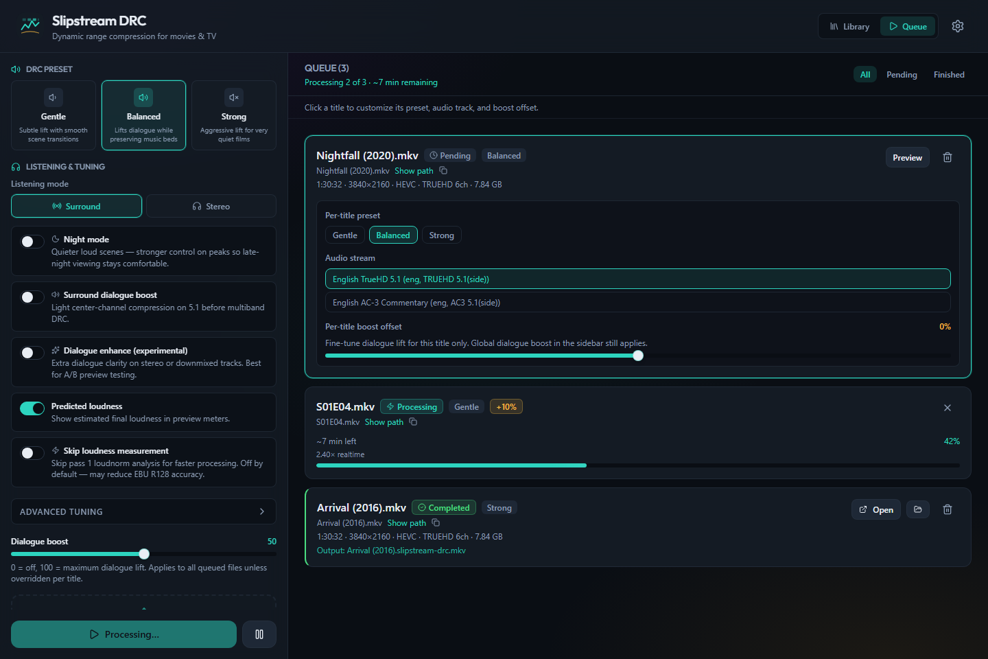 Slipstream job queue — several movies processing with progress bars and ETA