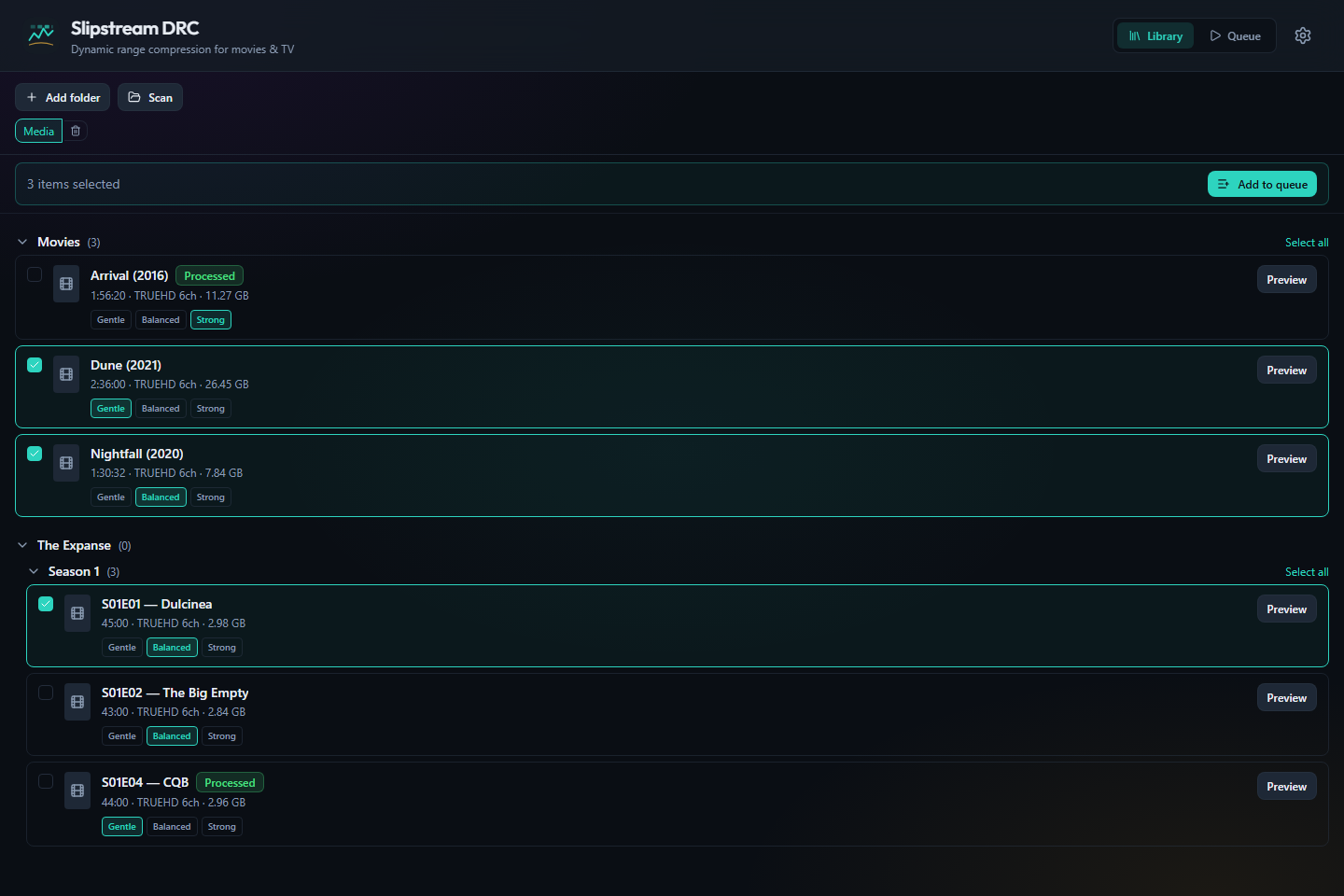 Slipstream library viewer — movies and TV episodes grouped by show and season