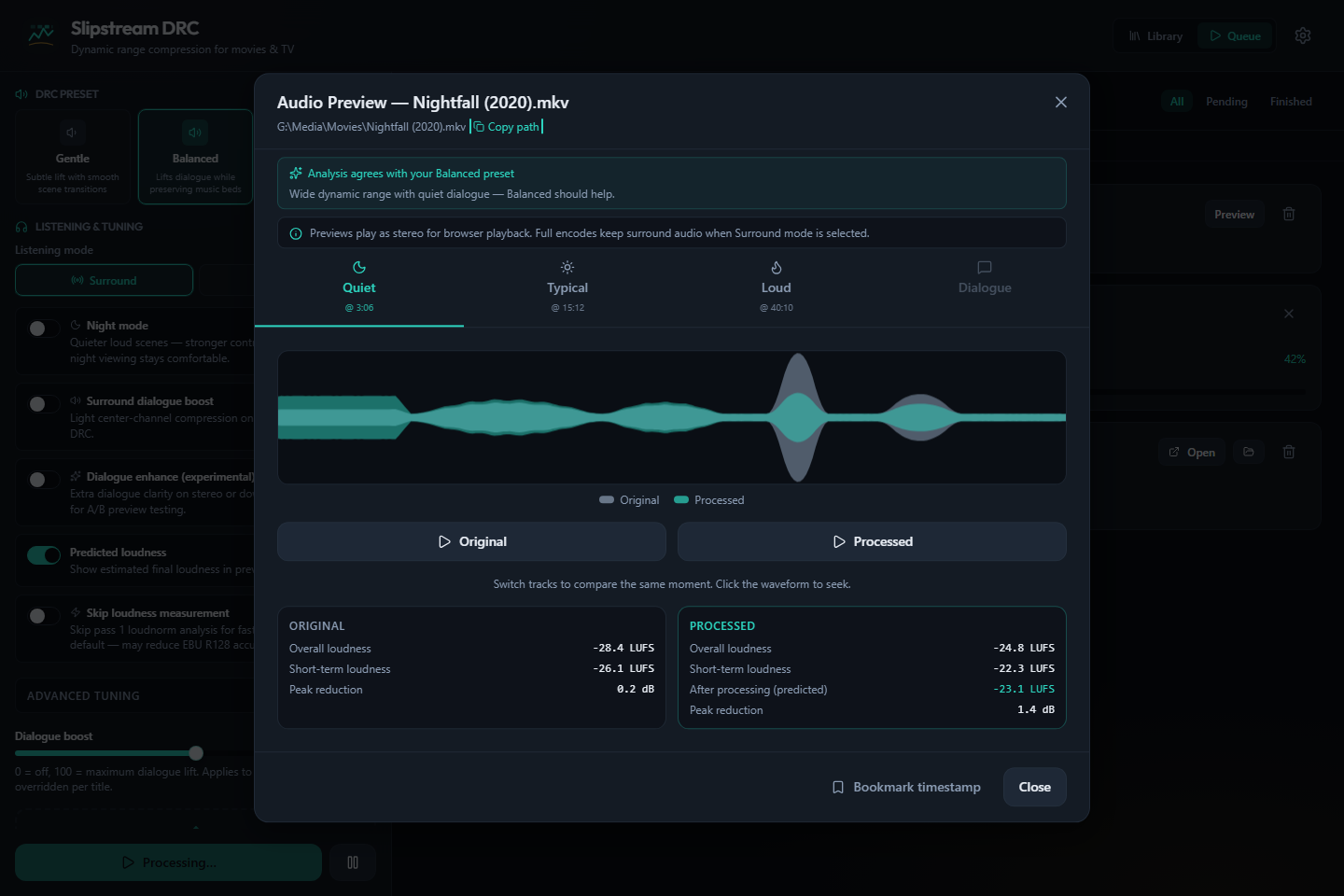Slipstream preview — listen to before and after on a quiet scene